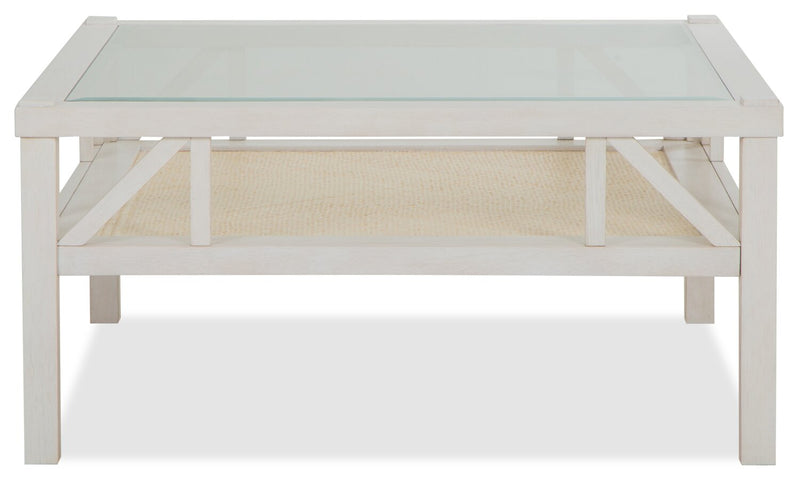 Table à café carrée traditionnelle Ellison de 38 po avec dessus en verre et tablette - bois blanc antique