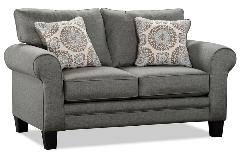 Causeuse Tula de 65 po fabriquée au Canada en tissu avec accoudoirs enroulés et coussins décoratifs - gris acier