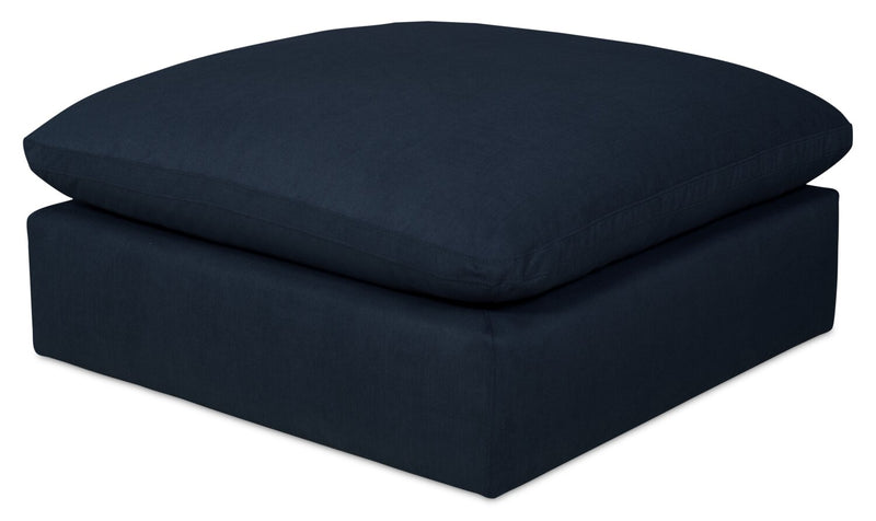 Sofa sectionnel modulaire Eclipse 6 pièces en tissu d’apparence lin avec poufs et coussins réversibles en duvet et plumes - bleu marine
