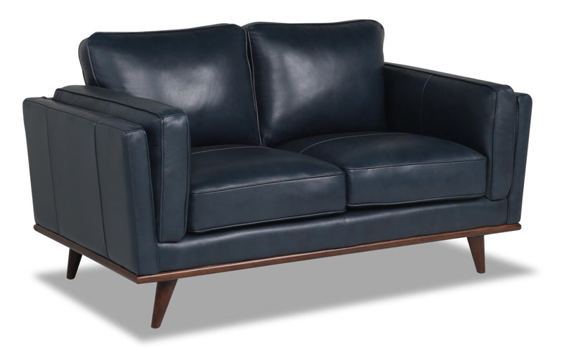 Causeuse Vivia de 63 po en cuir véritable avec coussins de siège amovibles et pattes en bois - bleu marine
