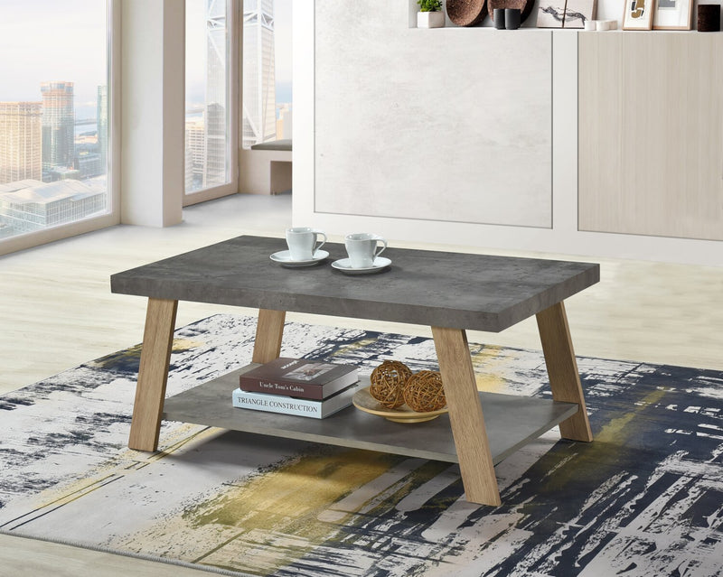 Table à café moderne Kelly de 43,3 po avec tablette - dessus en pierre grise avec pattes en bois clair