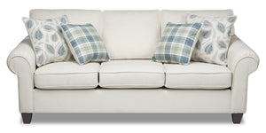 Sofa Scarlett de 87 po fabriqué au Canada en tissu de chenille avec accoudoirs enroulés et coussins décoratifs - beige écru