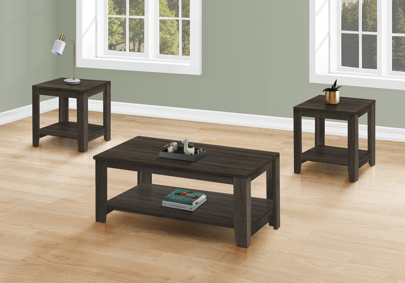 Ensemble 3 tables traditionnelles Lincoln de 42 po (table à café et 2 tables de bout) avec tablette - brun-noir 