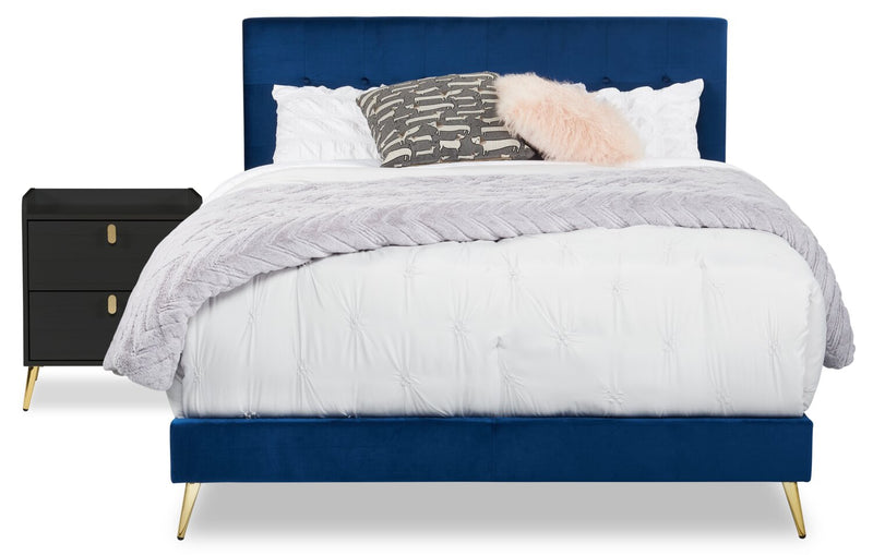 Lit rembourré Gabi en tissu de velours bleu avec pattes au fini doré et capitonnage à boutons - format très grand lit