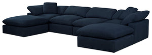 Sofa sectionnel modulaire Eclipse 6 pièces en tissu d’apparence lin avec poufs et coussins réversibles en duvet et plumes - bleu marine