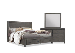 Ensemble de chambre à coucher Koda 5 pièces en bois avec lit de rangement, commode et miroir, gris - format très grand lit