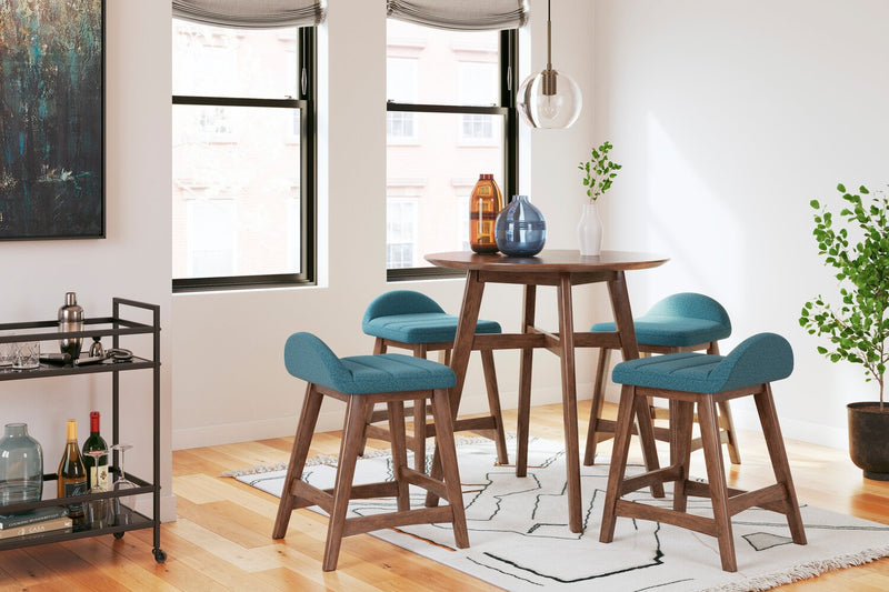 Tabouret Jovi de hauteur comptoir en tissu d’apparence lin et en bois - bleu