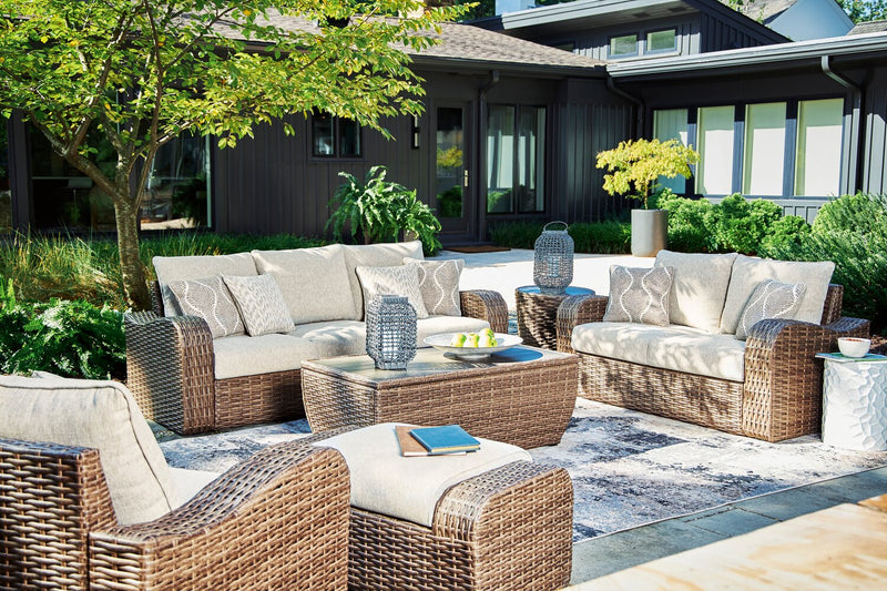 Grand pouf Cali pour la terrasse à l’extérieur - osier en résine et tissu Nuvella, résistant aux rayons UV et aux intempéries - brun et beige
