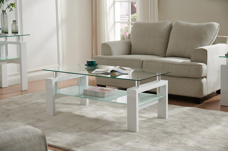 Table à café moderne Harvy de 47,25 po avec dessus en verre et tablette - blanche 