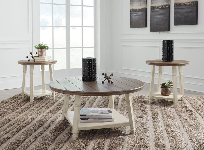 Ensemble 3 tables rondes rustiques Bolanbrook de 40 po (table à café et 2 tables de bout) avec tablette - bois deux teintes
