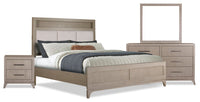  Ensemble de chambre à coucher River 6 pièces en tissu avec lit, commode, miroir, table de nuit et éclairage à DEL, gris antique - format très grand lit
