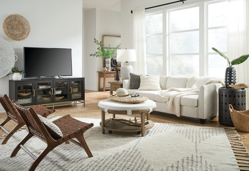 Table à café ronde moderne Rhett de 38 po avec tablette et roulettes - bois brun clair avec coussin blanc