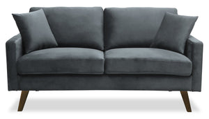 Causeuse Joelle de 57 po en tissu de velours avec accoudoirs rectilignes et pattes en bois - grise