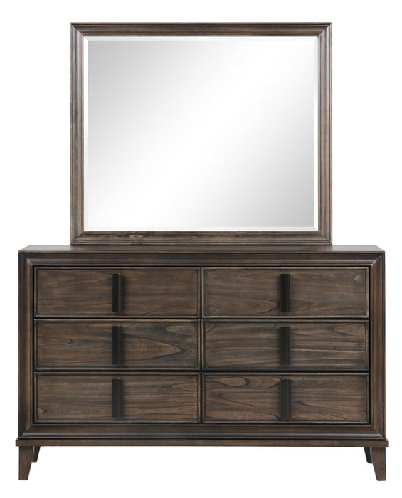 Ensemble de chambre à coucher Kane 6 pièces en cuir végétalien avec lit de rangement, commode, miroir et table de nuit, brun - format très grand lit