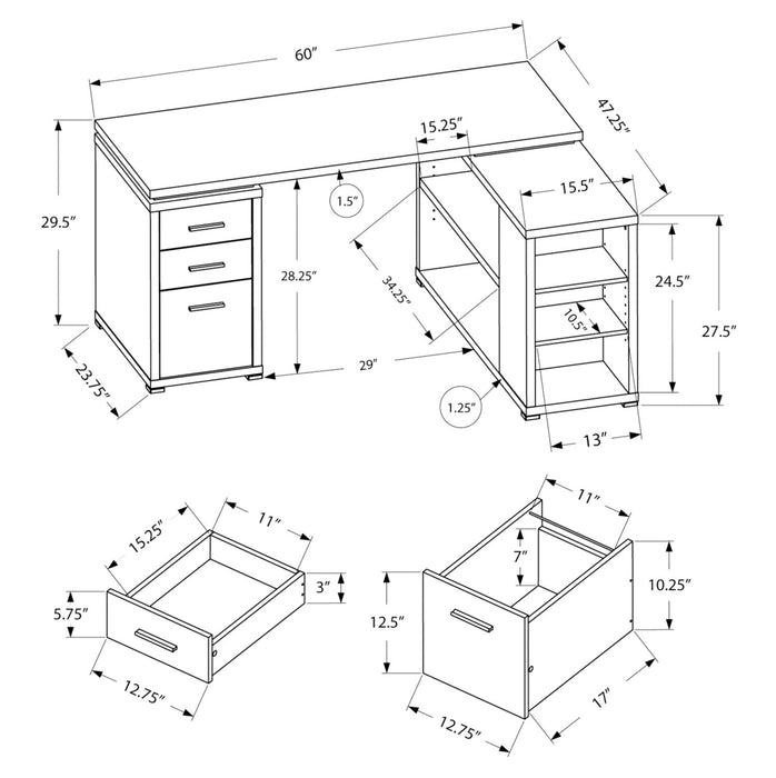 Bureau en coin en forme de L Rickey de 60 po à 3 tiroirs et tablettes - gris
