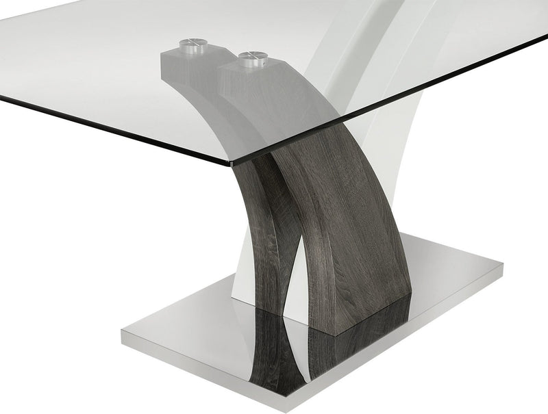 Table de salle à manger Tuxedo de 72 po (L) avec dessus en verre et base piédestal - grise et blanche