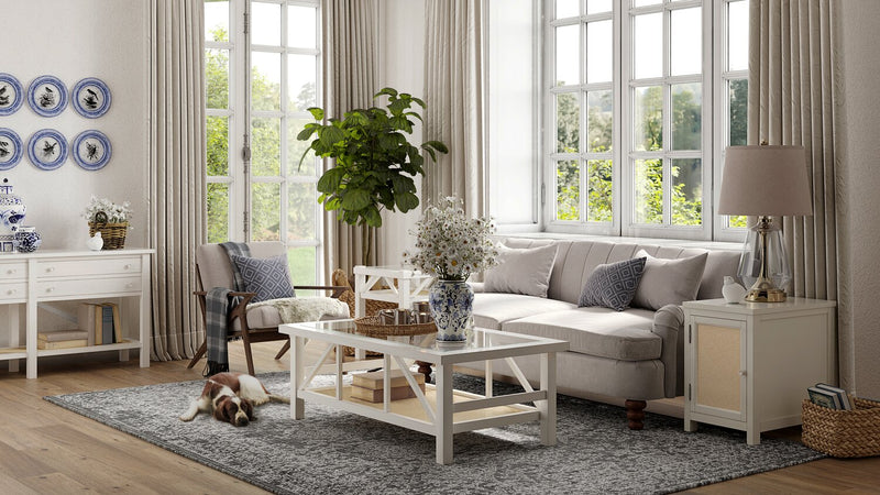 Table de salon traditionnelle Ellison de 60 po avec rangement et tablette - bois blanc antique