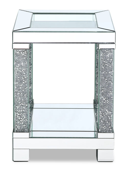 Table de bout somptueuse Berni de 18 po avec dessus en miroir et en verre et tablette - métal argenté avec pattes à apparence de diamant