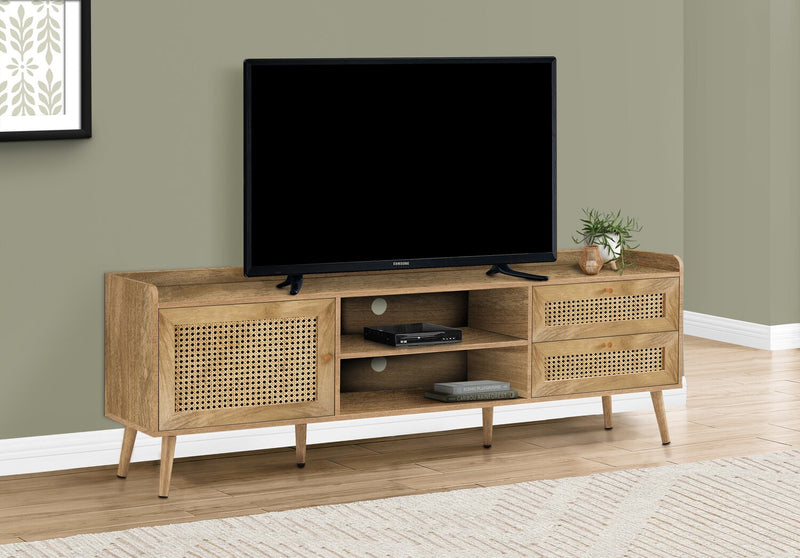Meuble pour téléviseur moderne Emme de 72 po avec rangement et système de gestion des câbles pour téléviseurs jusqu’à 80 po - brun clair