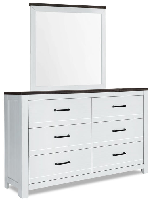 Ensemble de chambre à coucher Zoey 5 pièces avec lit, commode et miroir, deux teintes, blanc et brun - format grand lit