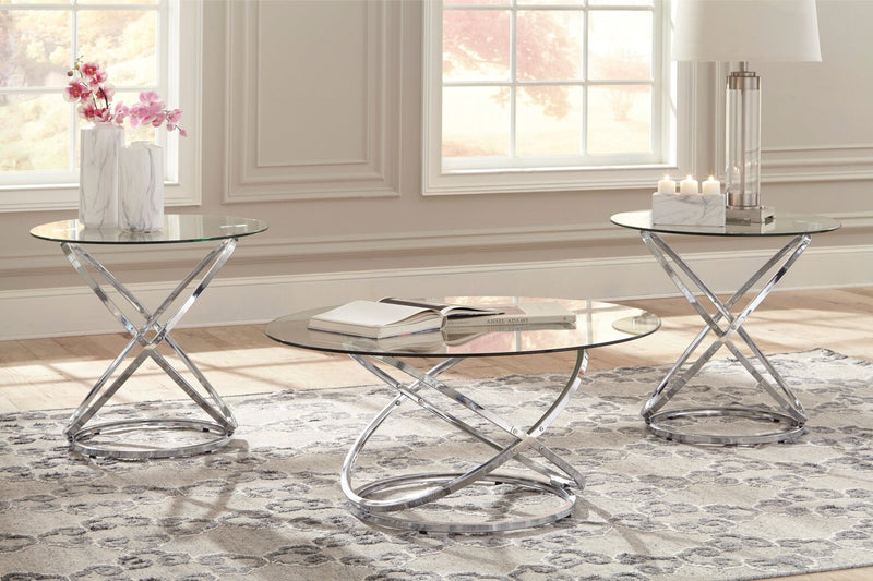 Ensemble 3 tables rondes somptueuses Hollynx de 38 po (table à café et 2 tables de bout) - base en métal argenté avec dessus en verre