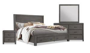 Ensemble de chambre à coucher Koda 6 pièces en bois avec lit de rangement, commode, miroir et table de nuit, gris - format très grand lit