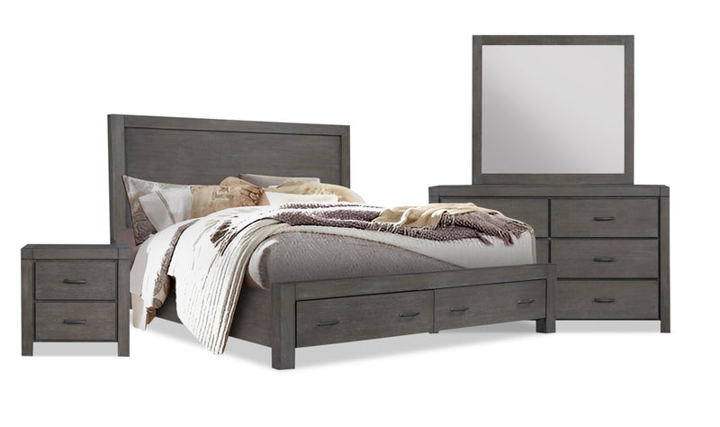 Ensemble de chambre à coucher Koda 6 pièces en bois avec lit de rangement, commode, miroir et table de nuit, gris - format très grand lit