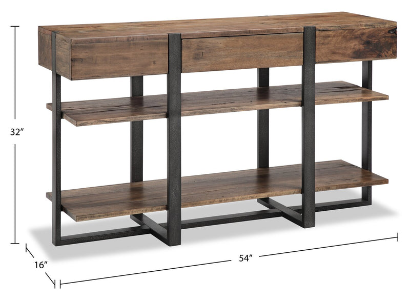 Table de salon moderne Manchester de 54 po avec rangement et tablette - bois brun avec base en fer