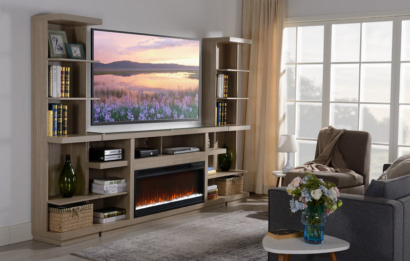 Meuble audio-vidéo Axel 3 pièces de 74 po avec foyer électrique et rangement pour téléviseurs jusqu’à 85 po - taupe