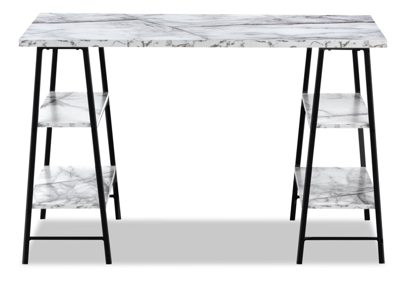 Bureau Jonnie de 47,25 po avec pattes de type chevalet - apparence marbre blanc