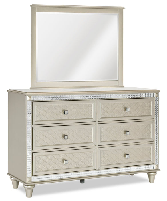 Ensemble de chambre à coucher Tyra 5 pièces somptueux en cuir végétalien avec lit, commode et miroir, champagne - format grand lit