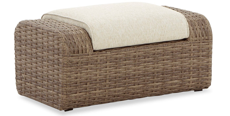Grand pouf Cali pour la terrasse à l’extérieur - osier en résine et tissu Nuvella, résistant aux rayons UV et aux intempéries - brun et beige