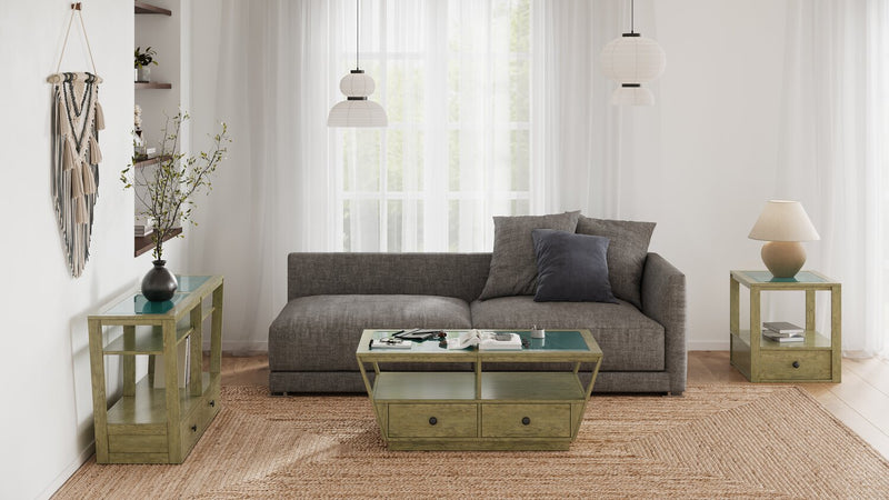 Table à café traditionnelle Esme de 48 po avec dessus en verre, rangement et tablette - bois brun clair