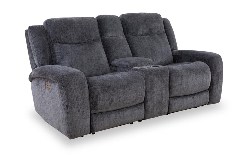 Causeuse à inclinaison électrique Atlantis de 72 po en tissu avec console de rangement, ports USB et position zéro gravité - gris foncé