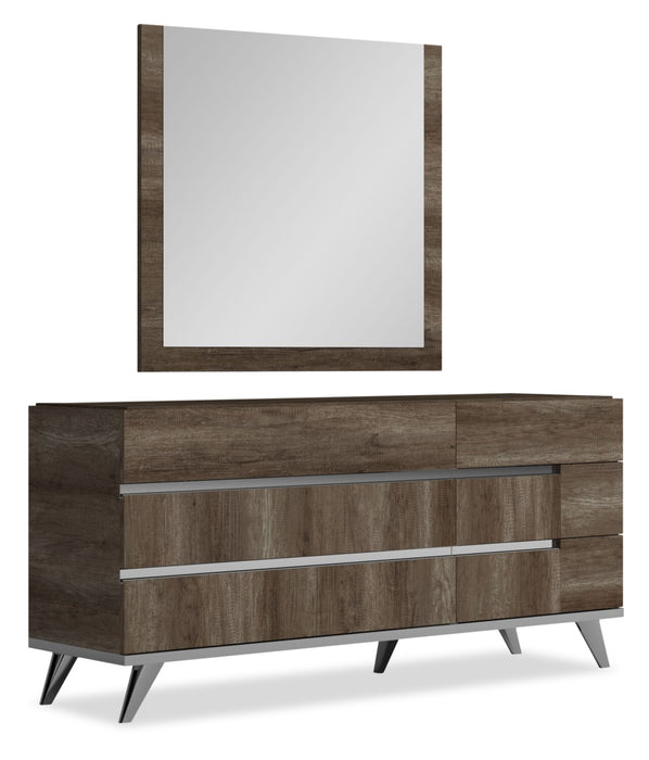 Ensemble de chambre à coucher Gino 6 pièces avec lit à panneaux, commode, miroir et table de nuit - fabriqué en Italie, moderne, brun - format très grand lit