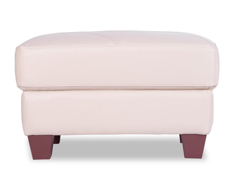 Pouf Vita de Château d’Ax de 31 po en cuir 100 % véritable avec coutures à motif de diamant et pattes en bois - blanc fumée