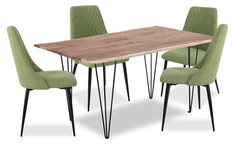 Ensemble de salle à manger Miya 5 pièces en acacia et métal avec table de 60 po (L), bordures Live Edge et 4 chaises - vert mousse