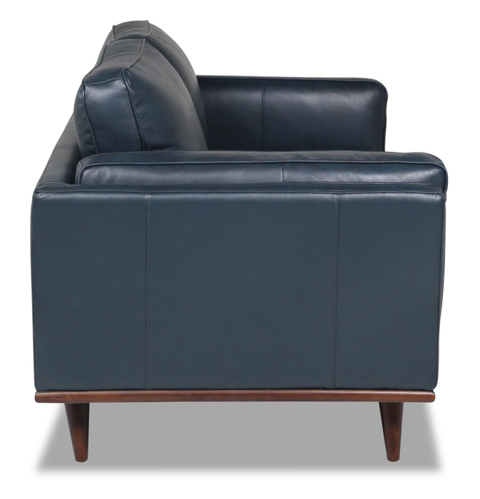 Causeuse Vivia de 63 po en cuir véritable avec coussins de siège amovibles et pattes en bois - bleu marine