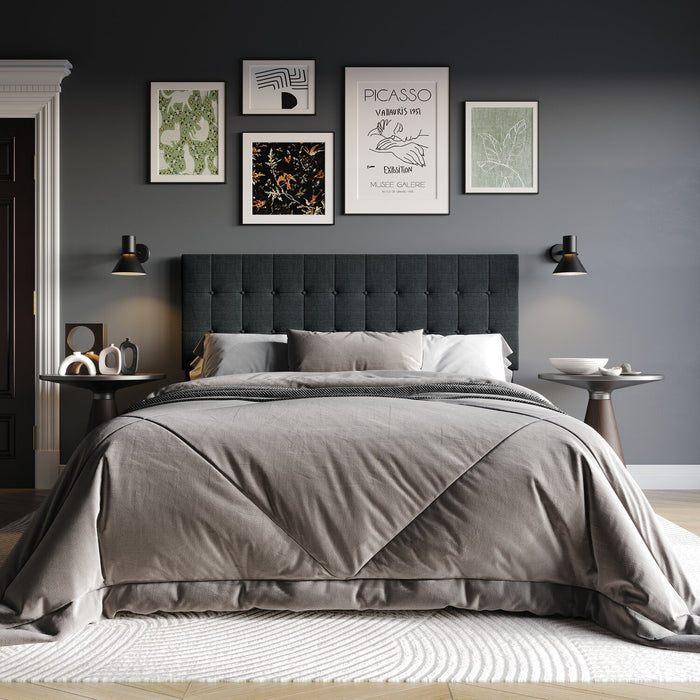 Tête de lit rembourrée Ellis en tissu anthracite avec capitonnage à boutons - format lit simple