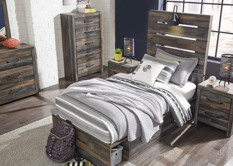 Ensemble de chambre à coucher Abby 5 pièces pour enfants avec lit de rangement latéral, commode, miroir, lumière DEL et port USB, brun - format lit simple