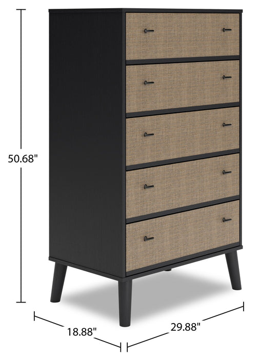 Commode verticale moderne du milieu du 20e siècle Kylo de 29,9 po (L) x 50,7 po (H) à 5 tiroirs pour la chambre à coucher - deux teintes, noir et beige