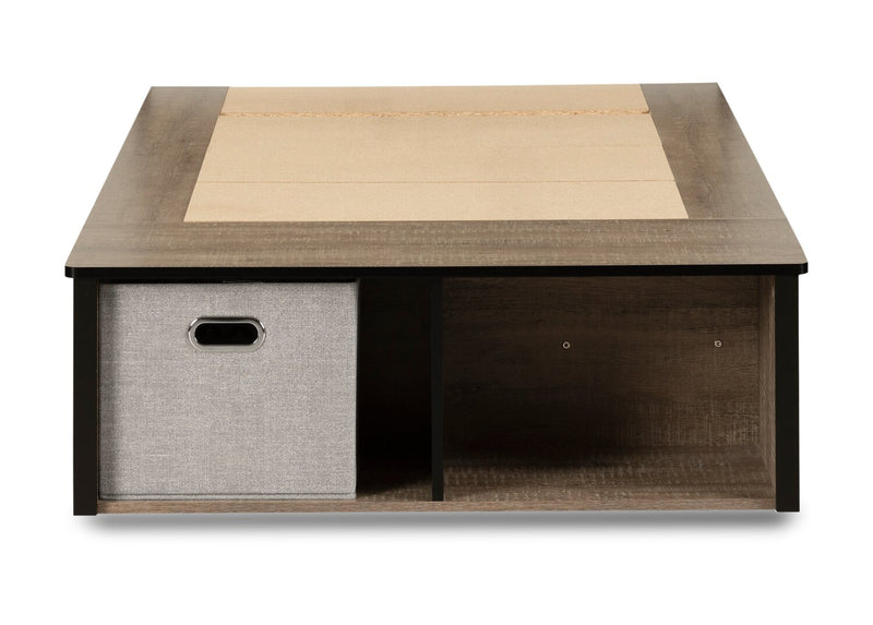 Lit plateforme Everley avec rangement et paniers intégrés, chêne vieilli et noir mat - format lit simple