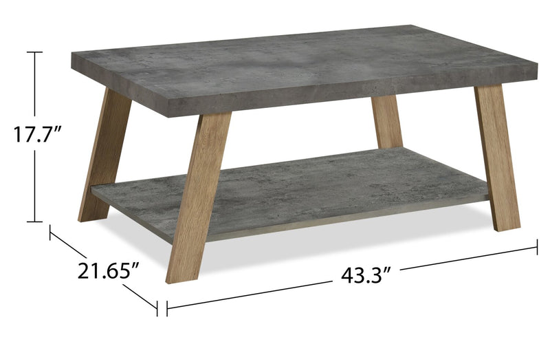 Table à café moderne Kelly de 43,3 po avec tablette - dessus en pierre grise avec pattes en bois clair