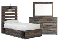  Ensemble de chambre à coucher Abby 5 pièces pour enfants avec lit de rangement latéral, commode, miroir, lumière DEL et port USB, brun - lit simple