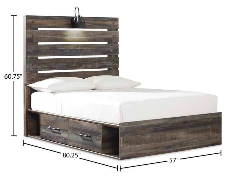 Ensemble de chambre à coucher Abby 5 pièces avec lit de rangement latéral, commode, miroir, lumière DEL et port USB, brun - format lit double