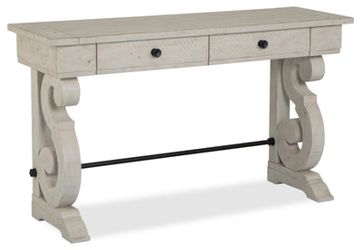 Bronwyn 50" Traditional Sofa Table with Storage - Alabaster Pine with Scroll Design Wood Base|Table de salon traditionnelle Bronwyn de 50 po avec rangement - pin albâtre avec base en bois à volutes