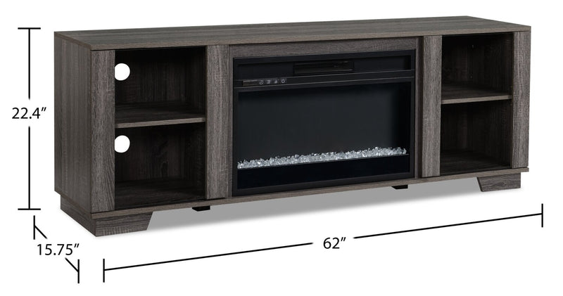 Meuble pour téléviseur moderne Antoni de 62 po avec foyer électrique, rangement et système de gestion des câbles pour téléviseurs jusqu’à 70 po - gris