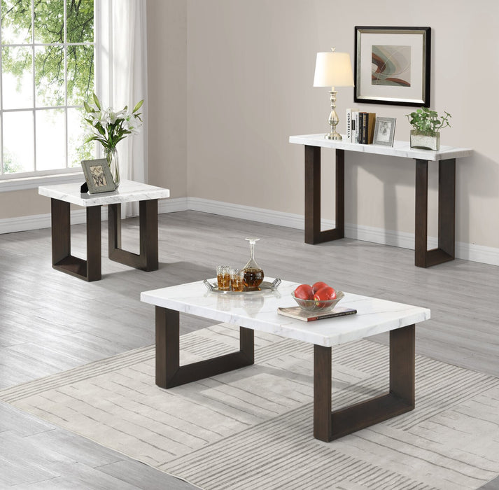 Table de bout moderne Silvia de 22 po - imitation de marbre blanc et gris avec pattes en bois brun
