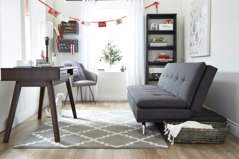 Futon June de 73,2 po en tissu d’apparence lin avec mécanisme Klik Klak, pattes en métal et capitonnage - gris