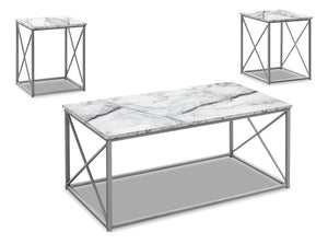 Ensemble de table à café et deux tables de bout Kasey 3 pièces – imitation de marbre blanc